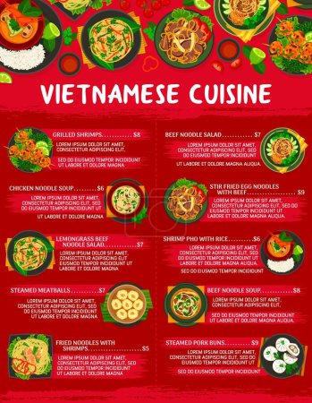 Illustration for Vietnamese cuisine menu template, food of Vietnam with rice and noodle soup, vector. Vietnamese or Asian restaurant dishes, pho shrimps bowl, pork meta dinner and steamed buns with lemongrass salad - Royalty Free Image