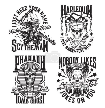 Illustration for Death reaper, harlequin, pharaoh and danger clown t-shirt prints. Clothes creepy print, apparel custom vector badge with harlequin skull in fool cap, pharaoh mummy and death with scythe, crazy clown - Royalty Free Image
