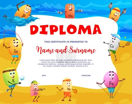 Illustration for Kids diploma. Vitamin and micronutrient characters on summer beach. Kids education achievement vector diploma with P, Mn, Mg and Se, K, Zn nutrition mineral pills cute personages doing sports on beach - Royalty Free Image