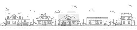 Illustration for Neighborhood line art outline village or town house buildings, vector cityscape background. Linear houses and suburban village homes, residential landscape with apartments and cottage buildings - Royalty Free Image