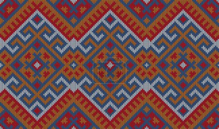 Téléchargez les illustrations : Tissu motif tricot aztèque ou motif ethnique tribal textile, vecteur sans couture. Tricot aztèque ou broderie pour l'impression de tissu, motif d'ornement Boho avec motif de mosaïque géométrique de tapis ou de tuiles - en licence libre de droit