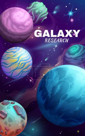 Illustration for Cartoon galaxy space planets poster. Vector background with extraterrestrial landscape, asteroids, stars and comets. Universe exploration research, astronomy science, interstellar travel vertical card - Royalty Free Image