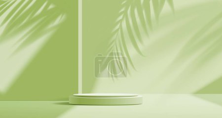 Téléchargez les illustrations : Podium pistache avec fond de feuilles de palmier, plate-forme d'affichage de produits vectoriels. podium vert avec des feuilles ombre sur le mur, exposition ou showroom piédestal avec podiums ronds sur fond de lumière du soleil - en licence libre de droit