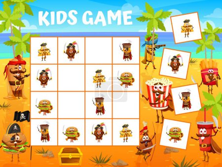 Ilustración de Sudoku niños juego de dibujos animados piratas fastfood personajes en la isla del tesoro. Concurso de adivinanzas vectoriales con nachos, donas, café y hamburguesas en tablero a cuadros. Tarea educativa, hoja de trabajo para niños - Imagen libre de derechos