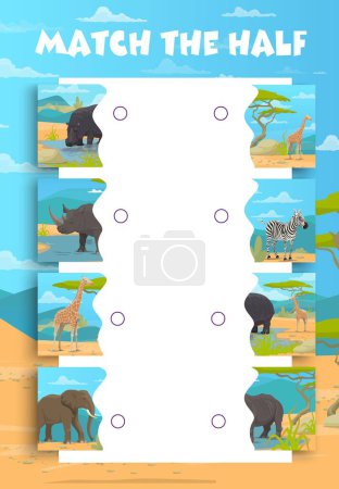 Ilustración de Coincidir con la mitad de la hoja de trabajo del juego, sabana africana Safari animales, vector de preguntas para niños. Hoja de trabajo de rompecabezas para encontrar piezas de imagen adecuadas con elefante africano, jirafa y cebra, hipopótamo y rinoceronte - Imagen libre de derechos