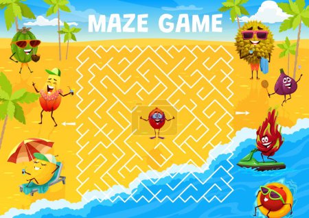 Ilustración de Laberinto laberinto concurso juego de dibujos animados personajes de frutas en la playa de verano. Hoja de trabajo vectorial para niños con lichi, feijoa, papaya y melón. Durian, higos, fruta de dragón y ciruela relajarse en el acertijo del juego de mesa junto al mar - Imagen libre de derechos
