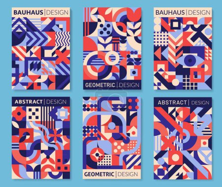 Téléchargez les illustrations : Affiches Bauhaus avec des motifs abstraits géométriques. Formes géométriques simples et formes fond vectoriel avec des cercles, des carrés et des triangles, des éléments floraux, des points et des lignes. Patrons de bauhaus bleus et rouges - en licence libre de droit