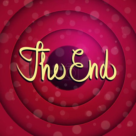 Illustration for End screen, movie cinema film old circle background. Vector vintage Hollywood studio poster reminiscent of classic cinema, perfect for adding a vintage touch to movie endings. Retro entertainment - Royalty Free Image