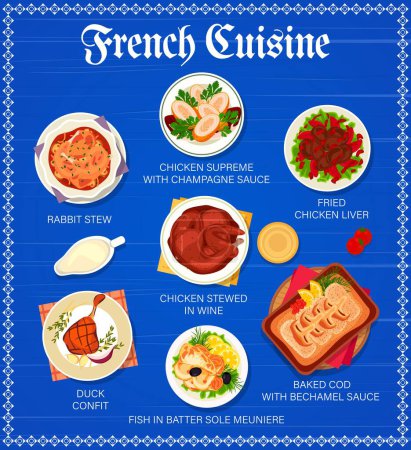 Illustration for French cuisine restaurant menu template. Chicken supreme with champagne sauce, rabbit stew and fried chicken liver, chicken stewed in wine, baked cod with Bechamel sauce and Sole Meuniere, duck confit - Royalty Free Image