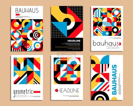 Ilustración de Carteles de Bauhaus. Patrones geométricos abstractos de fondo. Folleto promocional de empresa o evento con elementos Bauhaus, diseño de vectores de identidad corporativa o páginas de presentación de negocios con formas geométricas - Imagen libre de derechos