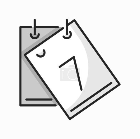 Illustration for Tear-off calendar isolated outline icon. Vector agenda or appointment, deadline on 7 day of month. Seven date, daily routine with torn sheet of paper sign - Royalty Free Image