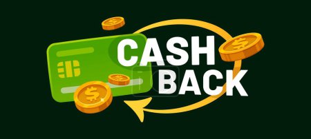 Illustration for Cashback service, credit or debit plastic card with returned coins to bank account. Vector refund or rebate money, bonus points and dollar sign - Royalty Free Image