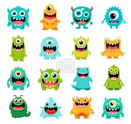 Ilustración de Personajes monstruo de dibujos animados, animales alienígenas divertidos lindo con ojo de cíclope, niños emoji vector. Criaturas pequeñas o mascotas mutantes cómicas con sonrisa y cara feliz, trolls diabólicos o duendes tontos y gremlins - Imagen libre de derechos