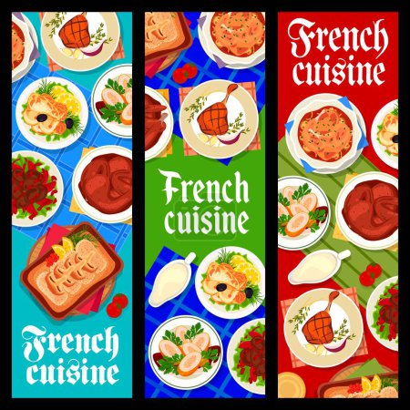 Illustration for French cuisine restaurant meals banners. Cod with Bechamel sauce, duck confit and chicken liver, rabbit stew, chicken in wine and fish in batter Sole Meuniere, chicken supreme with champagne sauce - Royalty Free Image