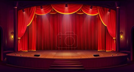 Illustration for Cartoon theater stage with red curtains. Vector classic theatre scene for performance, opera, concert, dance or music show. Background with glowing spotlights illumination on wooden floor and stairs - Royalty Free Image