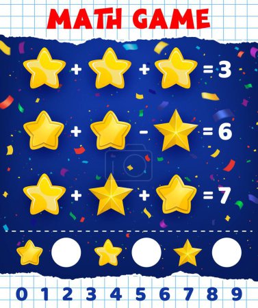 Illustration for Math game worksheet, cartoon golden yellow stars, vector kids mathematical quiz. Education puzzle or math game for counting and calculation with numbers addition and subtraction with golden stars - Royalty Free Image