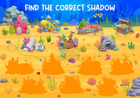 Illustration for Find the correct shadow of cartoon fairytale underwater house buildings. Shadow match kids game or quiz vector worksheet with submarine, sunken ship, treasure chest and castle, cave fantasy dwellings - Royalty Free Image