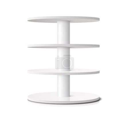 Illustration for Round shelf, shop display stand or rack showcase. Isolated 3d vector pos rotating display for product presentation realistic mockup. Supermarket white store shelving model for production merchandising - Royalty Free Image
