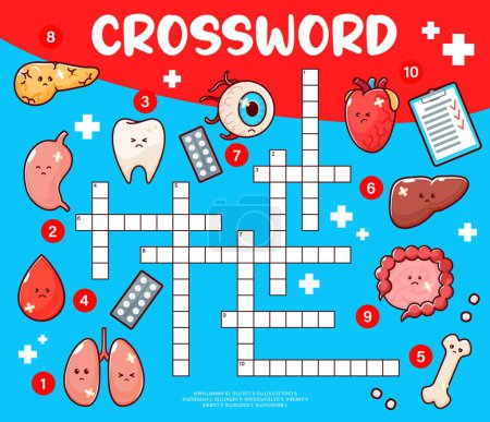 Illustration for Crossword quiz game. Sick human body organ diseases. Vocabulary kids puzzle, crossword grid quiz vector worksheet with sick pancreatic, stomach, tooth and eyeball, heart, liver cartoon characters - Royalty Free Image
