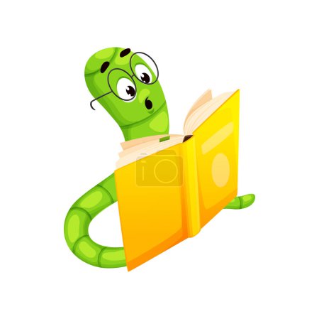 Illustration for Cartoon bookworm character, book worm animal with surprised face expression reading a story. Isolated vector caterpillar with big eyes and open mouth, lost in unexpected twist of the plot, enjoy novel - Royalty Free Image
