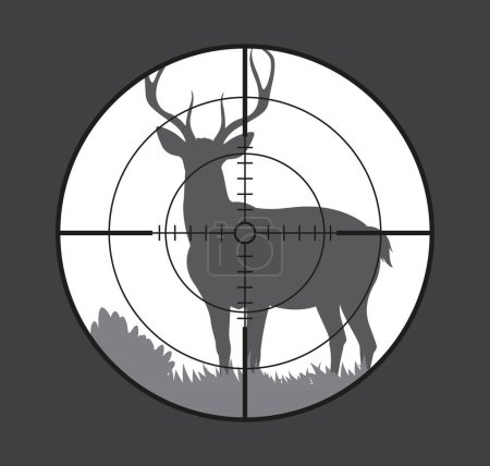 Cerf cible, fusil de chasse sportive portée avec animal de la forêt sauvage sur fond de paysage naturel vectoriel. Silhouette grise de cerf cerf avec gros bois en vue télescopique ronde avec réticule