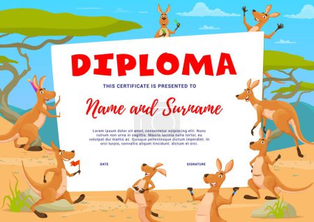 Illustration for Kids diploma. Cartoon happy kangaroo characters. School graduation diploma, child achievement vector award or appreciation certificate with happy smiling kangaroo, australian animal personages - Royalty Free Image