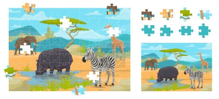 Téléchargez les illustrations : Caricature savane animaux africains. Puzzle pièces de jeu de puzzle. Pièce correcte connecter puzzle, figure trouver quiz feuille de calcul vectoriel ou jeu de match partie avec hippopotame, zèbre, girafe, éléphant dans la savane - en licence libre de droit