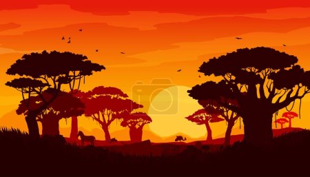Illustration for African savannah sunset landscape, scenery silhouettes of trees, sun, safari animals and birds. Vector background with wild nature of Africa, evening scene with orange sky, setting sun and acacias - Royalty Free Image