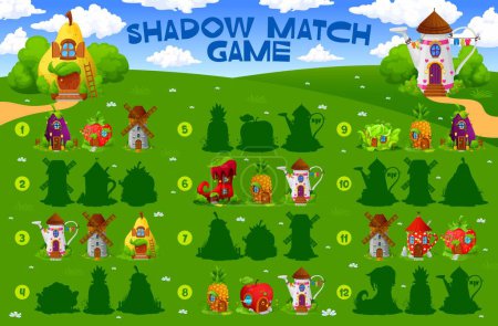 Illustration for Shadow match game. Cartoon fairytale house buildings. Shadow match kids puzzle, silhouette find vector worksheet with eggplant, strawberry, windmill and watering can, pear, pineapple fantasy dwelling - Royalty Free Image
