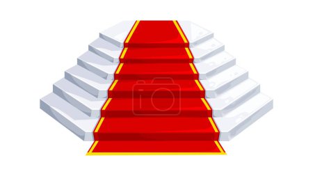 Illustration for Castle and palace staircase. Marble stairs with red carpet, vector element of interior. Cartoon staircase of medieval royal castle, fairy or fantasy kingdom palace. White stone stairway front view - Royalty Free Image