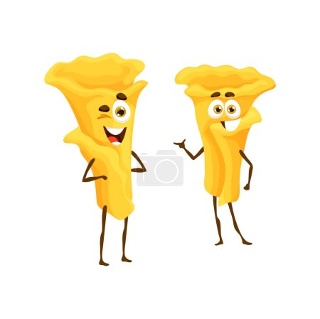 Illustration for Cartoon italian pasta characters winking with cute smiling faces. Funny vector personages of Italy cuisine food, happy campanelle pasta emojis. Wheat dough meal, italian food emoticons - Royalty Free Image