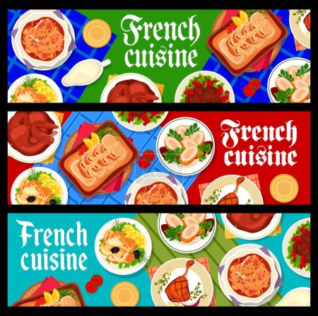 Illustration for French cuisine restaurant food banners. Chicken stewed in wine, chicken supreme with champagne sauce and fried chicken liver, duck confit, rabbit stew, Sole Meuniere, baked cod with Bechamel sauce - Royalty Free Image