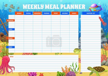 Illustration for Weekly meal planner. Cartoon sea underwater animals and landscape. Diet menu daily schedule, cooking weekly vector planner with octopus, sea turtle, fish and sunken ship on ocean bottom, submarine - Royalty Free Image