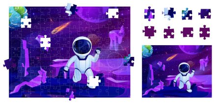 Illustration for Cartoon space jigsaw puzzle game pieces. Astronaut on planet surface. Part find worksheet, block connect vector puzzle quiz with cosmonaut character in outerspace, solar system planet and meteorite - Royalty Free Image