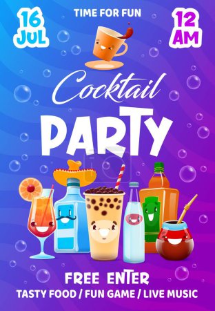 Illustration for Cocktail party flyer, cartoon drink and cocktail characters, entertainment event vector poster. Cocktail bar party invitation flyer with funny cartoon tequila or whiskey bottle, coffee and bubble tea - Royalty Free Image