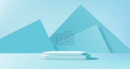 Illustration for Light blue podium. Fashion showcase pedestal, studio showroom clean display podium or cosmetics product presentation stand realistic vector background. Exhibition gallery space platform - Royalty Free Image