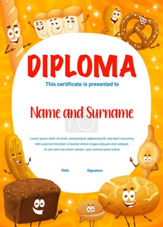Illustration for Kids diploma of the best baker. Cartoon bakery, pastry and bread characters. Child graduation vector award or diploma with baguette, shokupan, marraqueta, pretzel, barbari and rye bread personages - Royalty Free Image