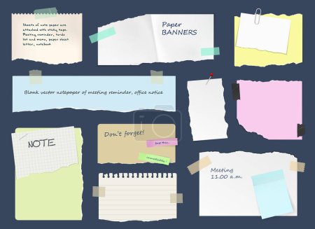 Illustration for Business paper notes, stickers, sticky sheets and tape. Schedule ripped paper piece, To Do list notebook page or sticker, diary or scrapbook sticky 3d vector sheets with colorful duck tape and pin - Royalty Free Image