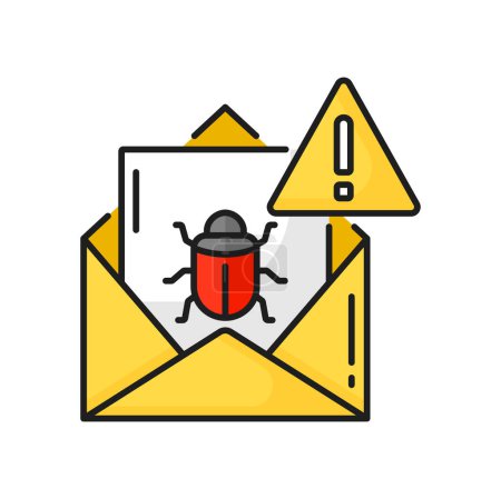 Illustration for Virus in email, cyber attack computer bug message color line icon. Vector email scam, virus infected letter message notification, attention sign - Royalty Free Image