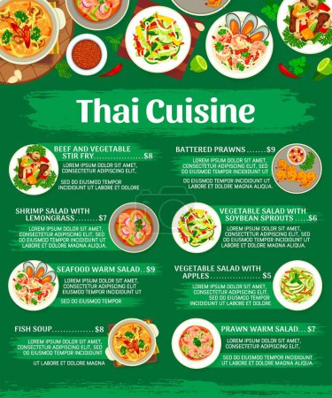 Illustration for Thai cuisine restaurant menu. Panang curry, battered prawns and fish soup, salads with vegetables, shrimps seafood and lemongrass, beef and vegetable stir fry, salad with soybean sprouts - Royalty Free Image