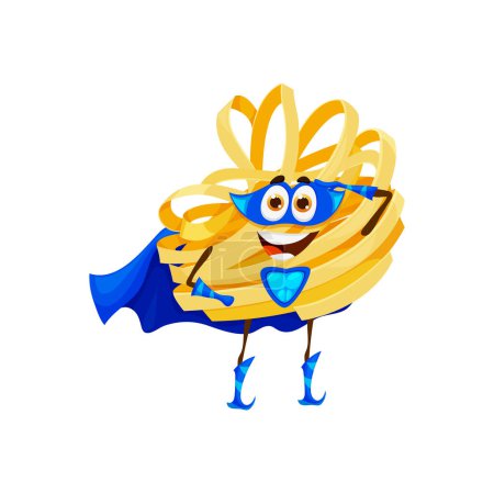 Illustration for Cartoon Italian tagliatelle pasta superhero character in blue power cape, vector funny guardian. Cheerful smiling tagliatelle pasta super hero or food personage in defender mask with crystal belt - Royalty Free Image