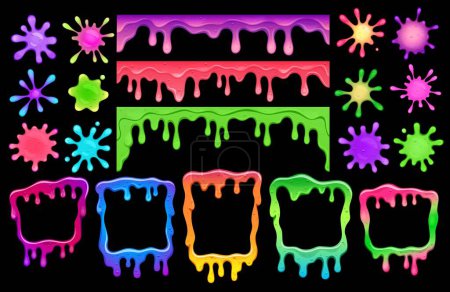 Illustration for Cartoon colorful slime frames. Melt splashes and blobs. Vector liquid goo of purple, green, red and blue blots. Dripping Halloween textures, isolated mucus borders, poisonous toxic viscosity splotches - Royalty Free Image