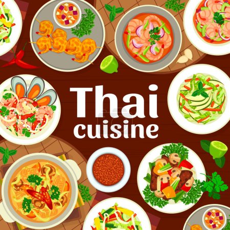 Illustration for Thai cuisine menu cover page template. Battered prawns, salad with soybean sprouts and fish soup, beef and vegetable stir fry, Panang curry, seafood shrimp and vegetable and fruit salads - Royalty Free Image