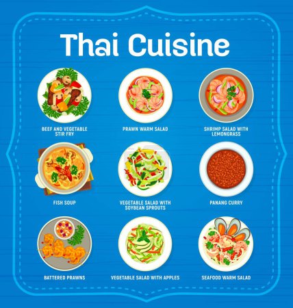 Illustration for Thai cuisine restaurant menu. Beef and vegetable stir fry, salads with vegetables, shrimps seafood and lemongrass, fish soup, salad with soybean sprouts and Panang curry, battered prawns - Royalty Free Image