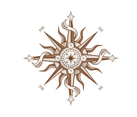 Illustration for Vintage wind rose compass with medieval antique ribbons and sun. Vector windrose star of ancient nautical map with North, West, South and East arrows. Marine compass wind rose, antique cartography - Royalty Free Image