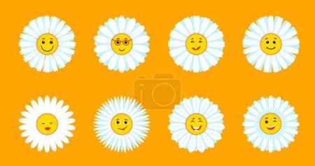 Illustration for Camomile smile daisy flowers. Cartoon chamomile characters cheerful, happy smiling and winking isolated vector faces. Summer or spring flower comical personages, Easter holiday daisy decoration - Royalty Free Image