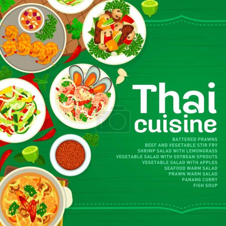 Illustration for Thai cuisine menu cover template. Salads with vegetables, shrimps seafood and lemongrass, Panang curry, battered prawns and fish soup, beef and vegetable stir fry, salad with soybean sprouts - Royalty Free Image