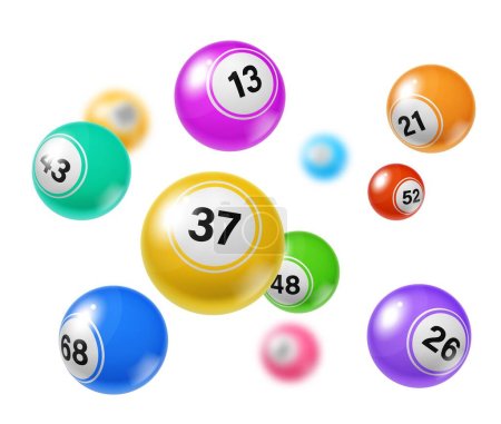 Téléchargez les illustrations : Balles de loterie de bingo. Jeu de loterie, jackpot de jeu, casino loto chance de fortune ou pari chanceux concept vectoriel réaliste. Jeu de bingo gagner fond ou fond d'écran avec des balles colorées volantes - en licence libre de droit