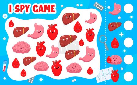 Illustration for I spy game quiz worksheet. Cartoon human body organ characters. Object finding playing activity for kids, objects counting vector riddle with liver, stomach, heart and brain, blood drop cut personages - Royalty Free Image