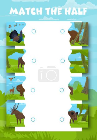 Illustration for Match the half of forest hunting animals. Piece connect game, figure fragment search vector quiz or objects parts matching worksheet with grouse bird, grizzly bear, boar and elk, moose, deer, duck - Royalty Free Image